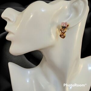 AVON Romantic Pink Clay Flower Heart Pearl Goldtone Bridal Hoop Earrings